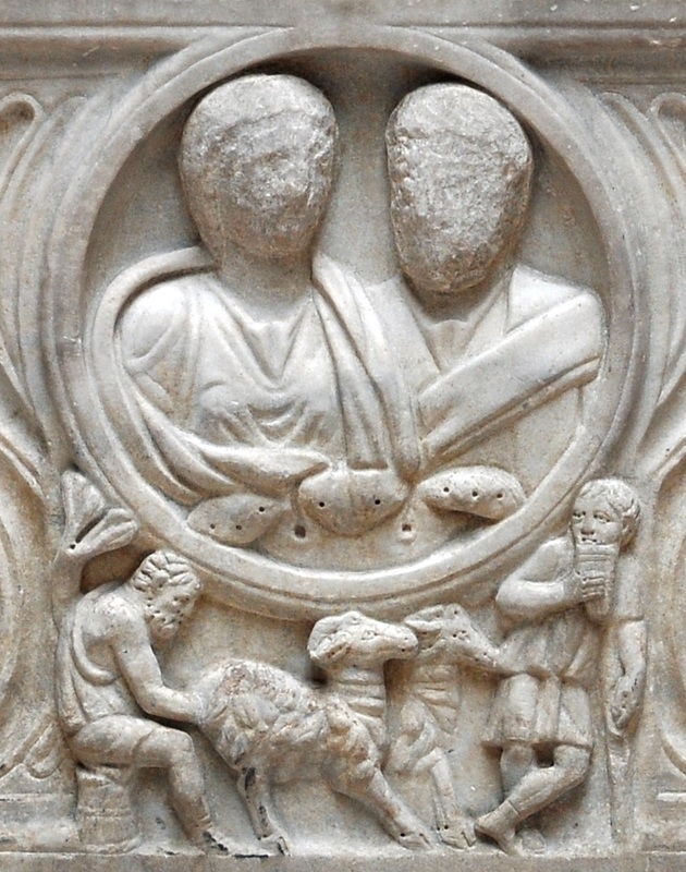 Detail of a Roman strigillated sarcophagus with portrait of a couple; bucolic scene under clipeus, and philosopher & muse at ends. Third century AD. Rome, Capitoline Museum (inv. MC813).