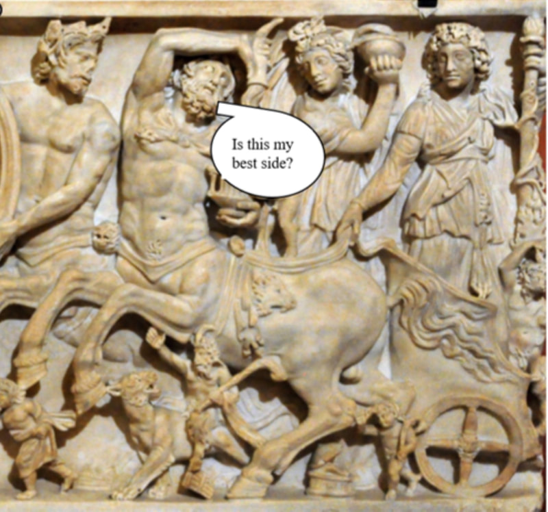 Sarcophagus showing Dionysus and Ariadne in chariots; portraits of woman and man (mother and son?) in tondo/clipeus.  Ca. 230 AD.  Louvre, Paris.  Meme by Anna Monson.