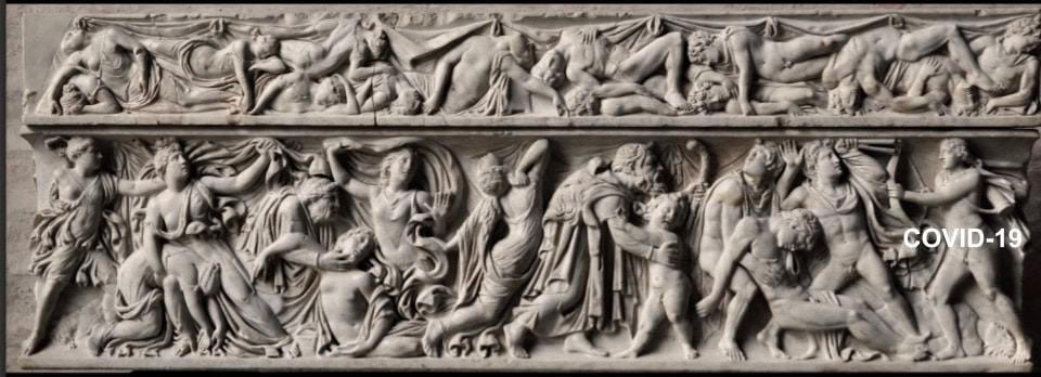 Sarcophagus showing the massacre of Niobe’s children. Ca. 160 AD. Glyptothek, Munich.  Meme by Brooke DiGiacomo.