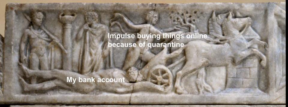 Sarcophagus showing Achilles arming for battle and mourning Patroclus; Hector’s corpse on the lid.  Ca. 160 AD.  Ostia Museum.  Meme by Brooke DiGiacomo.
