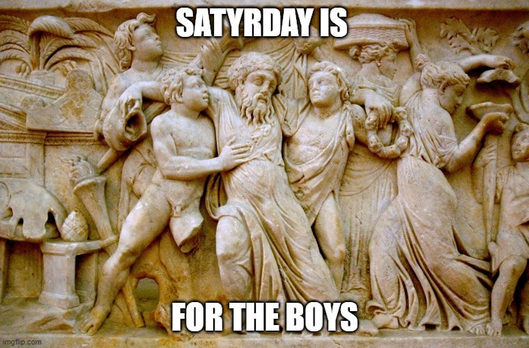 Sarcophagus showing a night-time celebration with young Pans (Fauns) and female Pans; at center, Priapus, god of the erect penis, drunk.  Ca. 150 AD.  Naples Archaeological Museum, Naples.  Meme by Camden Johnson.