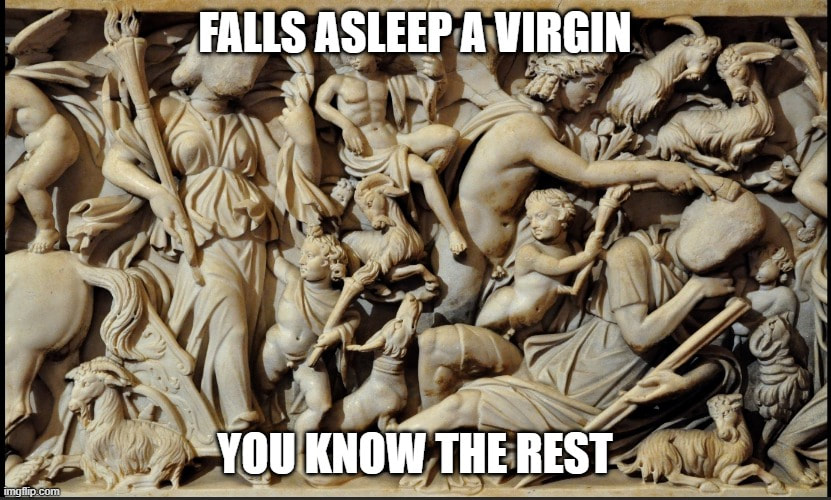 Sarcophagus with Selene and Endymion.  Ca. 230-240 AD.  Louvre, Paris.  Meme by Camden Johnson.