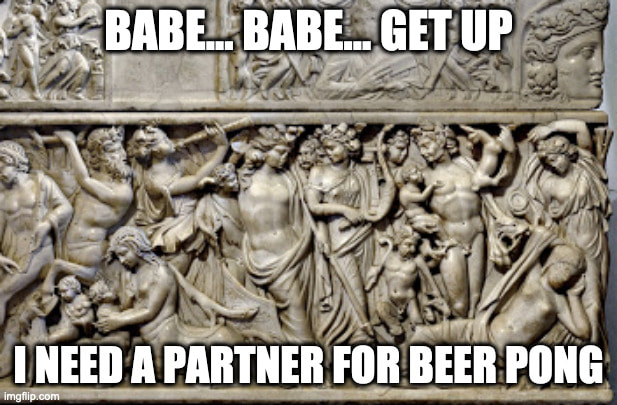 Sarcophagus with Dionysus approaching Ariadne.  Ca. 230-240 AD.  Louvre, Paris.  Meme by Christian Caringer.