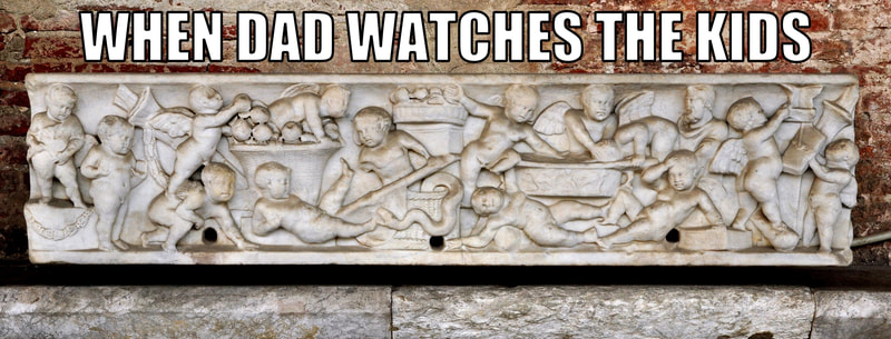 Child’s sarcophagus showing Cupids in bizarre escapades (some Dionysiac).  Ca. 180 AD.  Camposanto, Pisa.  Meme by Deanna McGuckin.