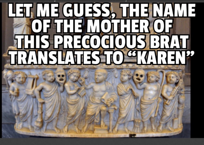 Child’s sarcophagus with deceased as seated philosopher, giving instruction to other children (themselves shown as Muses).  Ca. 280 AD.  Vatican Museums, Rome.  Meme by Deanna McGuckin.