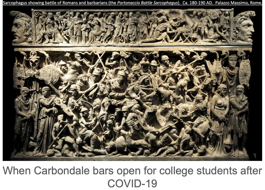 Sarcophagus showing battle of Romans and barbarians (the Portonaccio Battle Sarcophagus).  Ca. 180-190 AD.  Palazzo Massimo, Rome. Meme by Dorothy Evans.