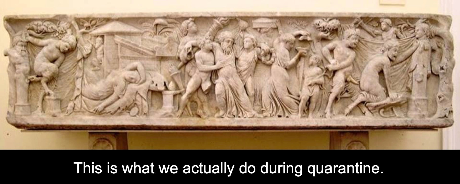 Sarcophagus showing a night-time celebration with young Pans (Fauns) and female Pans; at center, Priapus, god of the erect penis, drunk.  Ca. 150 AD.  Naples Archaeological Museum, Naples.  Meme by Hoseok Youn.
