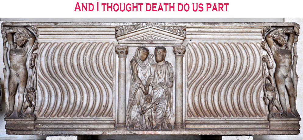 Strigillated sarcophagus with central aedicula showing the wedding of the deceased couple (portrait features blank); pendant figures of Narcissus at the corners.  Ca. 220-230 AD.  Vatican Museums, Rome.
Meme by Jack Miller.