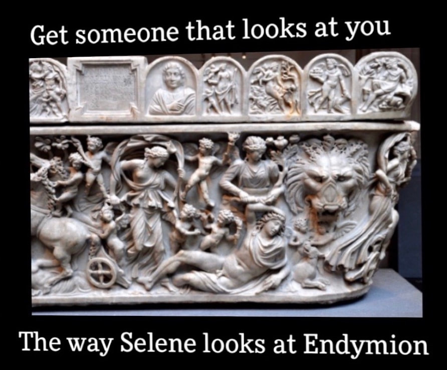 Sarcophagus with Selene and Endymion.  Ca. 210 AD.  Metropolitan Museum, NY.  Meme by Jakob Sommers.