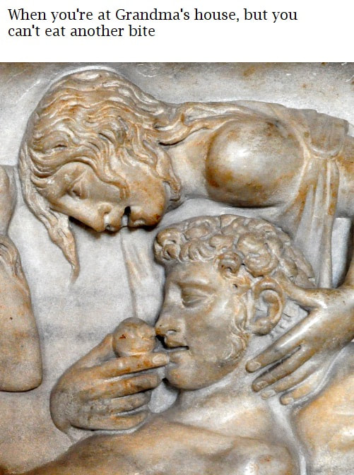 Sarcophagus showing the mourning of Meleager.  Ca. 180-190 AD. Louvre, Paris.  Meme by James Moore.