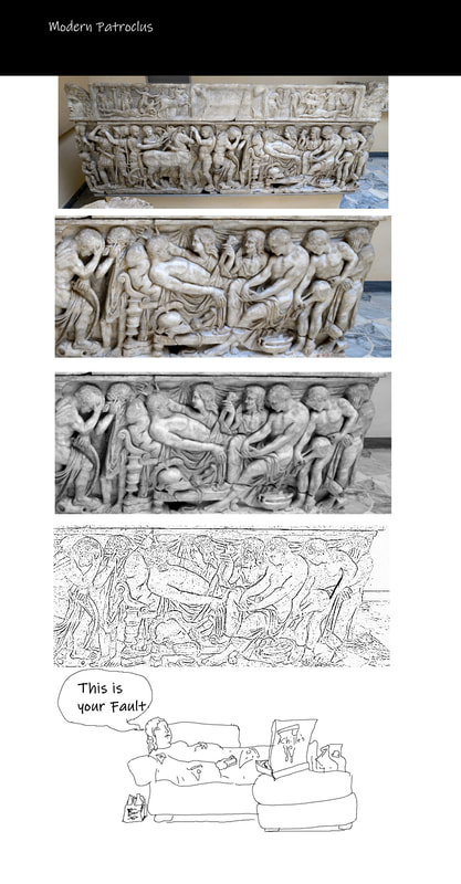 Sarcophagus showing Achilles arming for battle and mourning Patroclus; Hector’s corpse on the lid.  Ca. 160 AD.  Ostia Museum.  Cartoon by Joshua Niles.