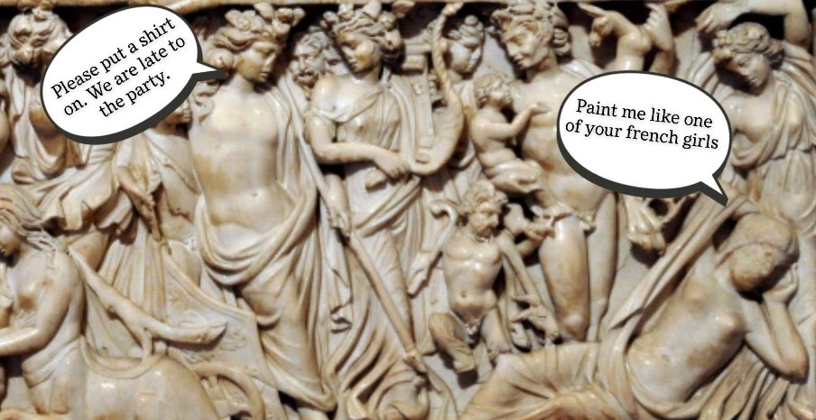 Sarcophagus with Dionysus approaching Ariadne.  Ca. 230-240 AD.  Louvre, Paris.  Meme by Morgan Keith.