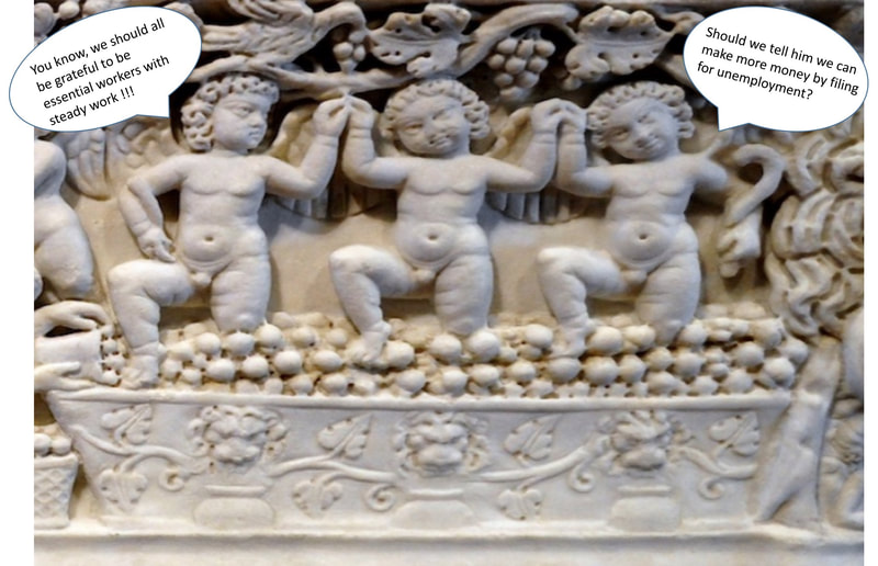Lion-head lenos sarcophagus showing Cupids making wine.  Ca. 290 AD.  Getty Villa, Malibu.
Meme by Olivia Spiers.