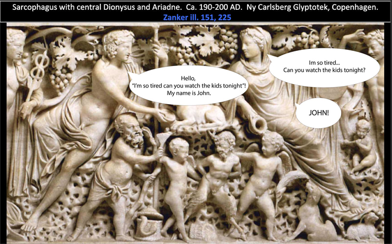 Sarcophagus with central Dionysus and Ariadne.  Ca. 190-200 AD.  Ny Carlsberg Glyptotek, Copenhagen.  Meme by Peyton Schnurr.