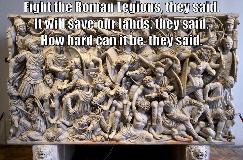 Sarcophagus showing battle of Romans and barbarians (the Great Ludovisi Battle Sarcophagus).  Ca. 250-260 AD.  Palazzo Altemps, Rome.  Meme by Robert Wall.