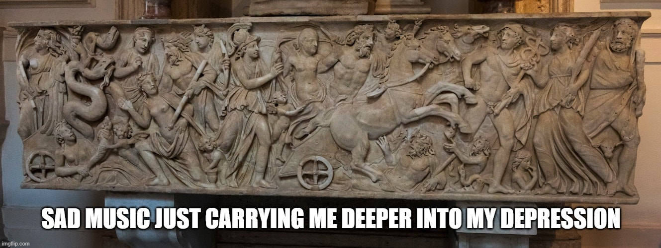 Sarcophagus with the rape of Persephone.  Ca. 230-240 AD.  Capitoline Museum, Rome.  Meme by Sarah McCourt.