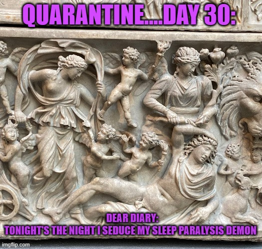 Sarcophagus with Selene and Endymion.  Ca. 210 AD.  Metropolitan Museum, NY.  Meme by Shelby McMillen.