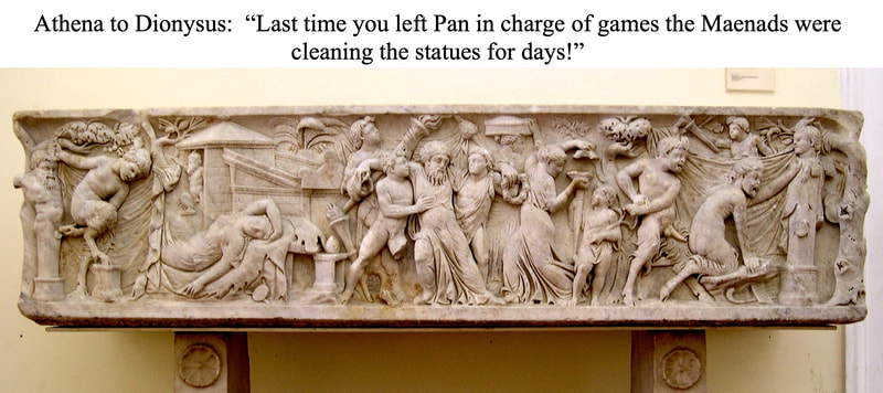 Sarcophagus showing a night-time celebration with young Pans (Fauns) and female Pans; at center, Priapus, god of the erect penis, drunk.  Ca. 150 AD.  Naples Archaeological Museum, Naples.  Meme by Tamarah Cook.