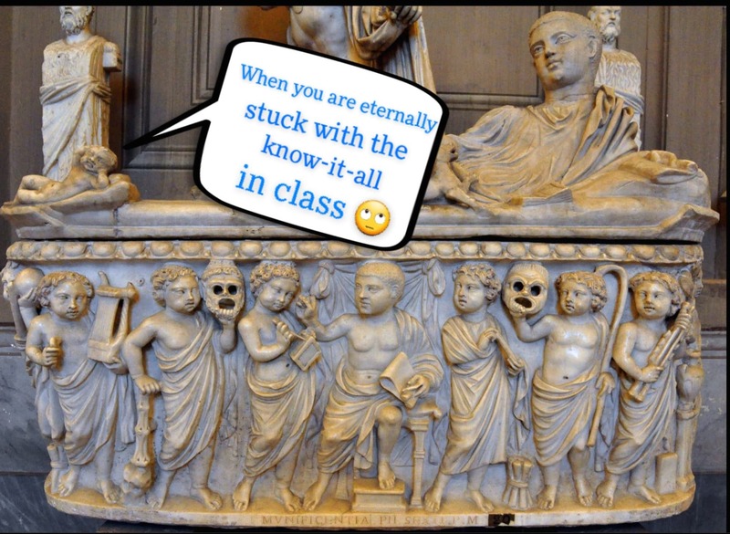 Child’s sarcophagus with deceased as seated philosopher, giving instruction to other children (themselves shown as Muses).  Ca. 280 AD.  Vatican Museums, Rome.  Meme by Tamarah Cook.